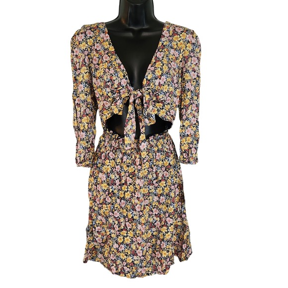 Bebop Floral Print Tie Front Cutout Mini Dress Navy Yellow Women M - Picture 1 of 7